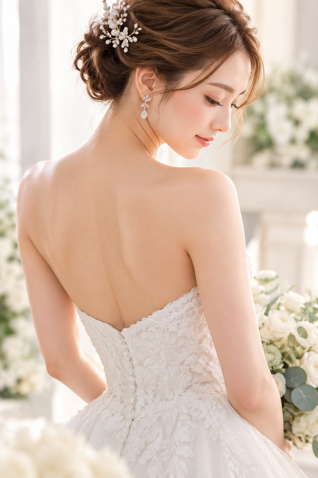 ヘアアクセサリーとイヤリングを付け、ウェディングドレスを着た花嫁の後ろ姿
